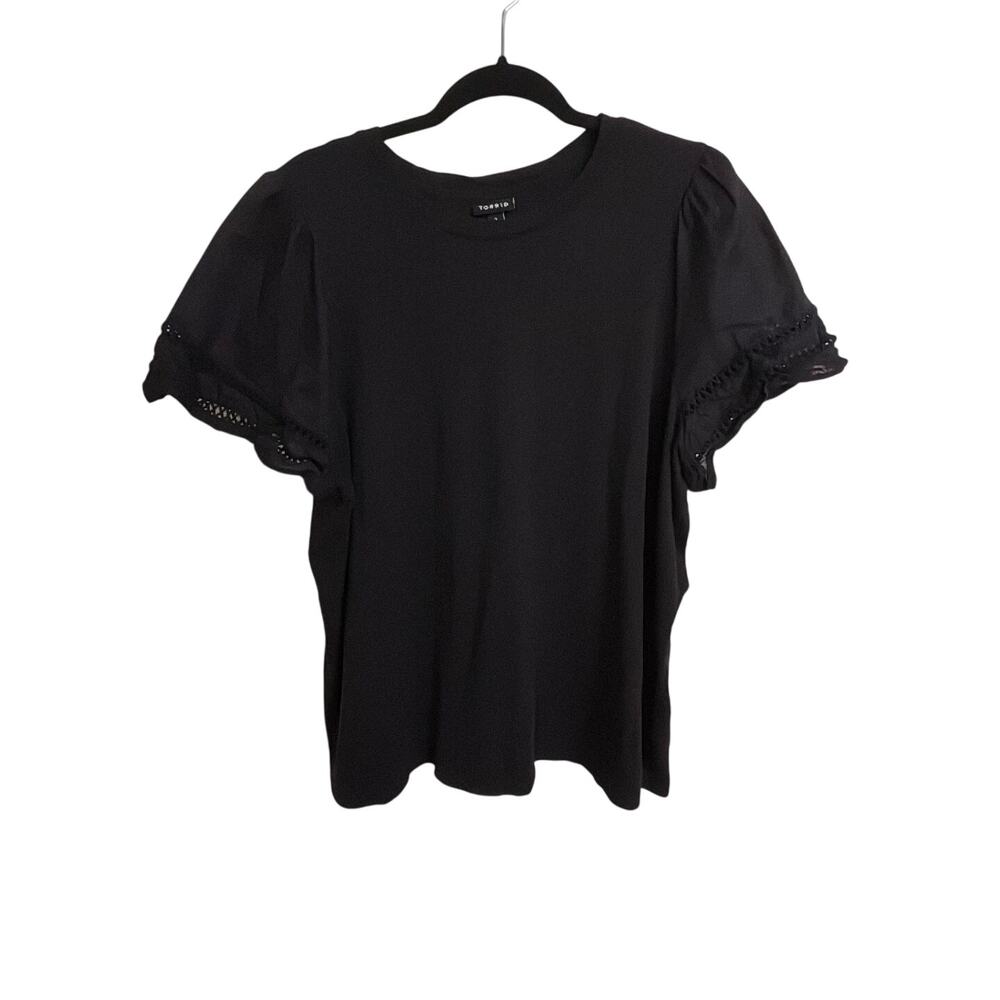 Torrid Top Womens 2X Black Eyelet Lace Puff Short Sleeve Ruffle Cotton Modal